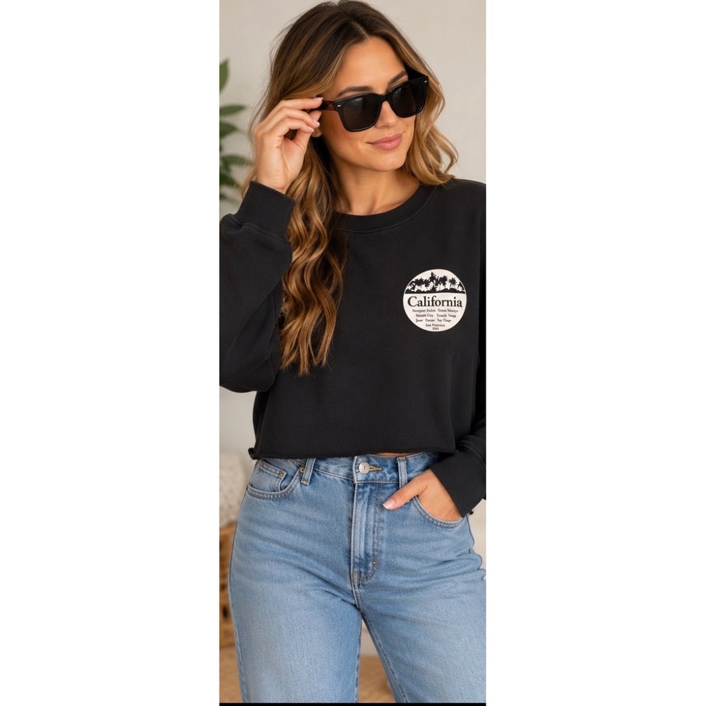 John Galt California Graphic Cropped Sweatshirt Black Small Raw Hem Pullover_258